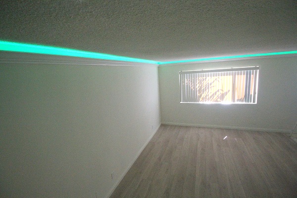 Living room outfitted with crown moldings and LED mood lights